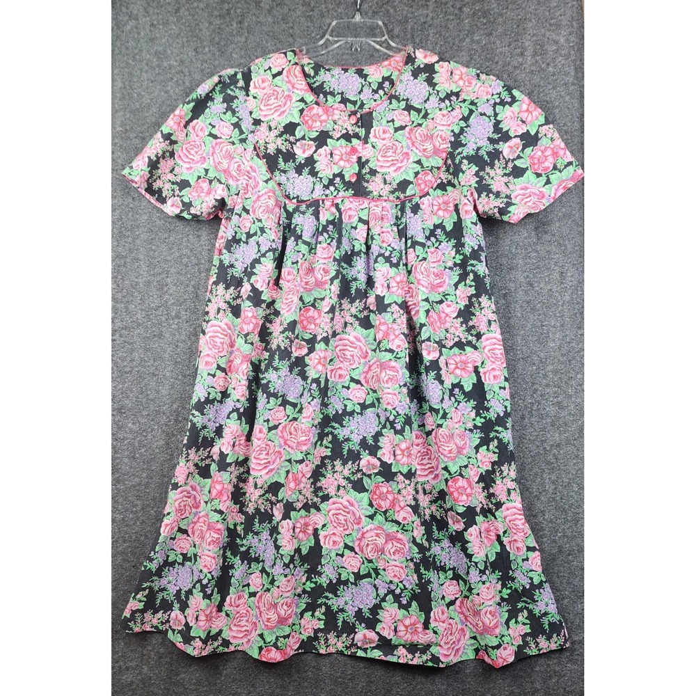 Lasting Comfort House Dress Womens XL Black Pink Floral‎ Button Muumuu Vintage